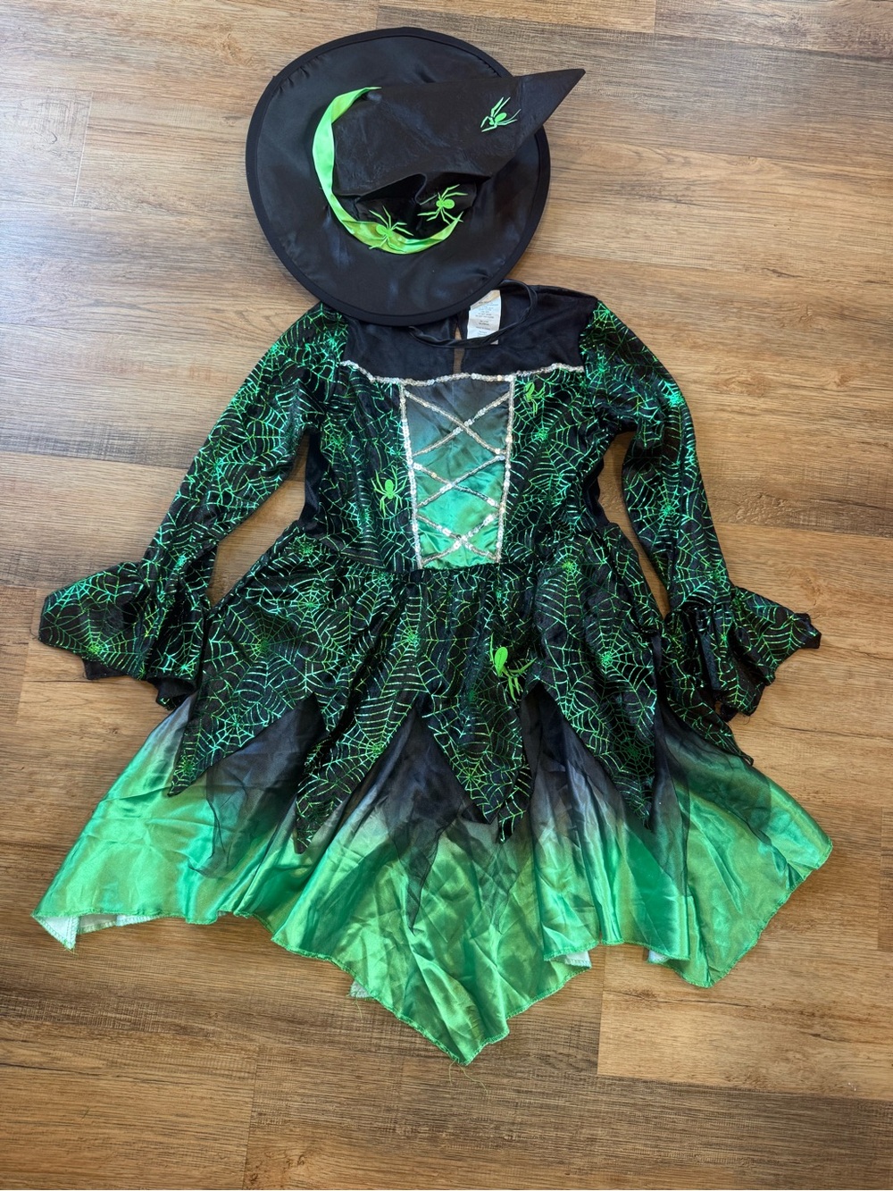 Target Halloween Black and Green Spiderweb Witch Costume with Hat Size Medium